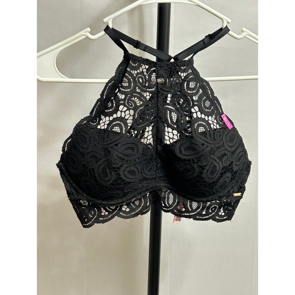 Victoria's Secret PINK Black Lace High Neck Push Up Bralette Small New